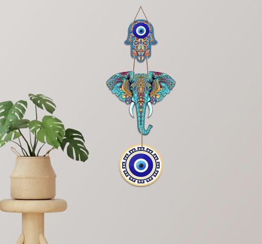 Elephant Wooden Wall Hanging with Evil Eye for Home Decor
